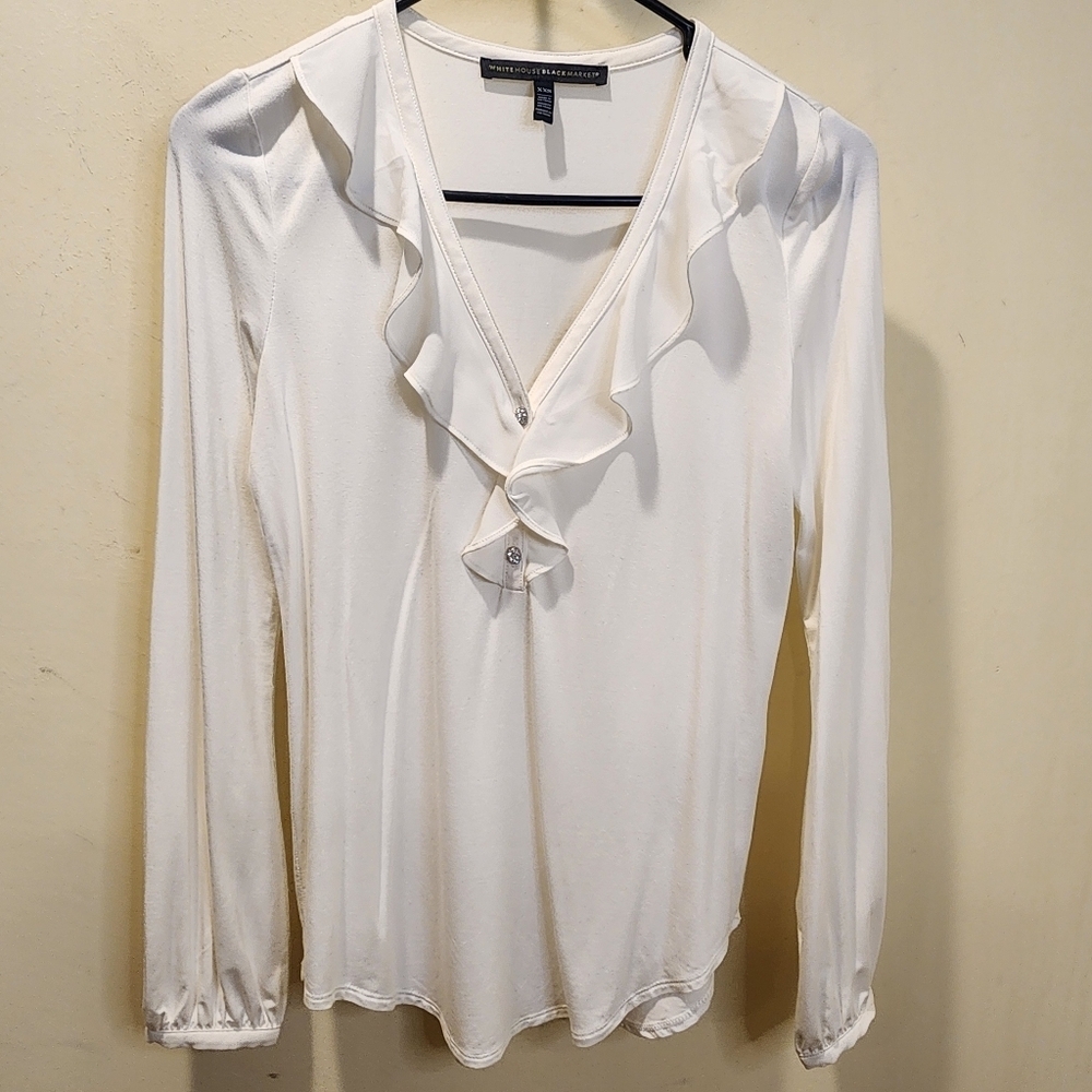WHBM Chic Off White Ruffled V-Neck Long Sleeves Top Size XXS